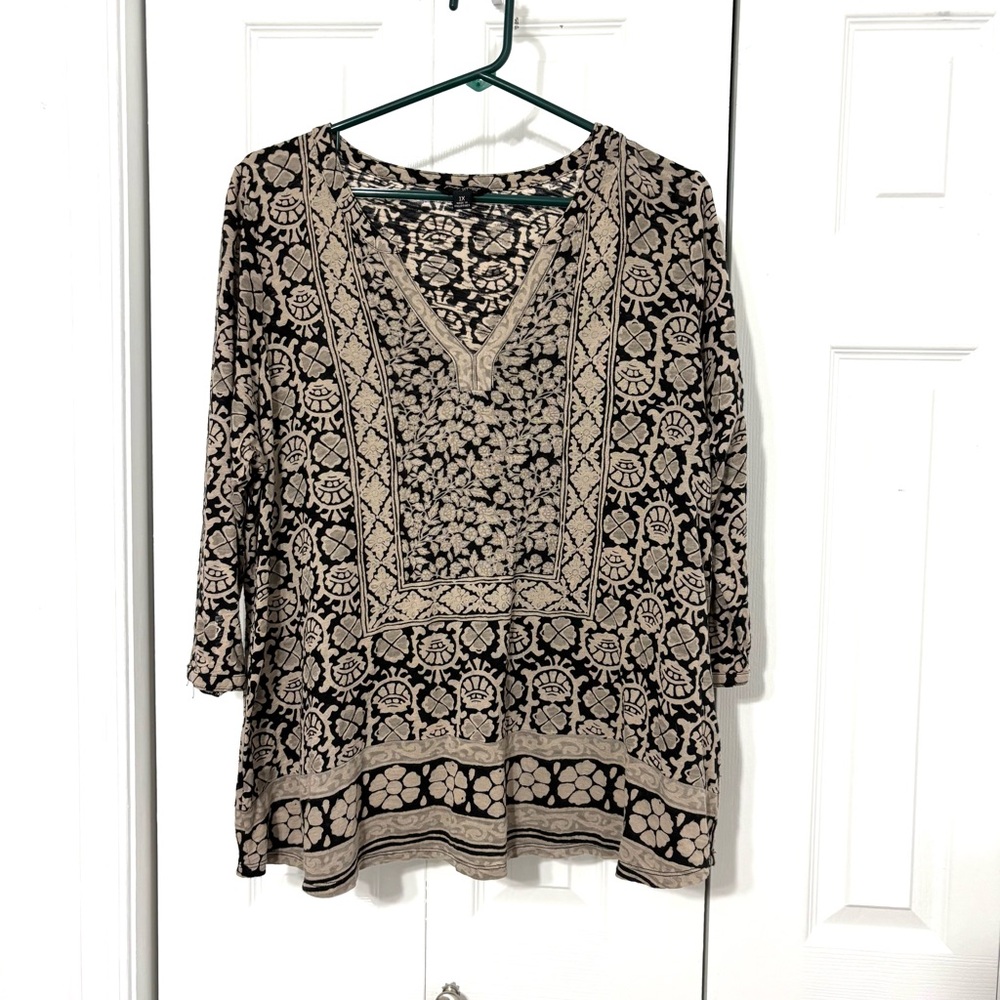 Lucky Brand Women’s 1X Bohemian Black and Tan Pattern  Top